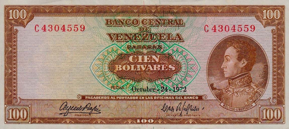 Front of Venezuela p48i: 100 Bolivares from 1972