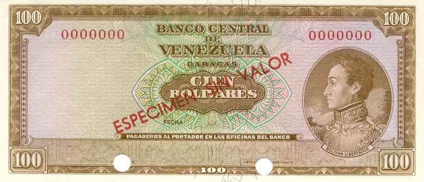 Front of Venezuela p48s1: 100 Bolivares from 1963