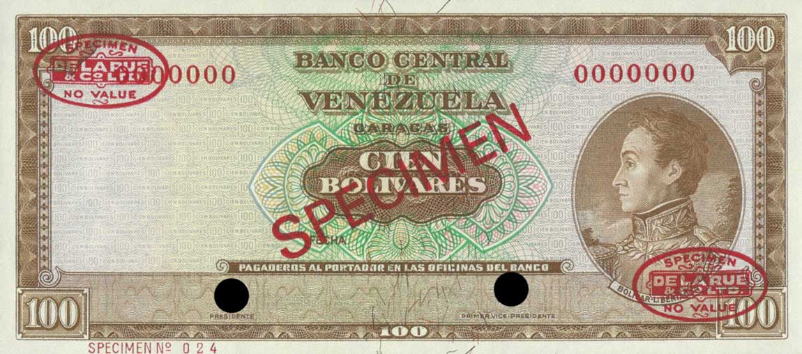 Front of Venezuela p48s2: 100 Bolivares from 1963