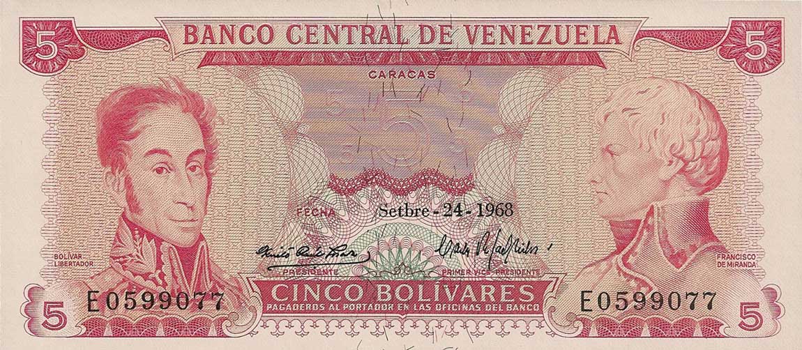 Front of Venezuela p50a: 5 Bolivares from 1968