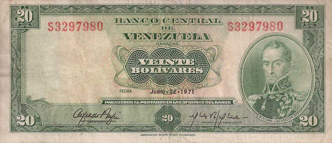 Front of Venezuela p52a: 20 Bolivares from 1971