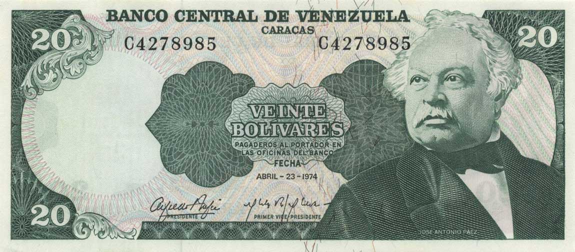 Front of Venezuela p53a: 20 Bolivares from 1974