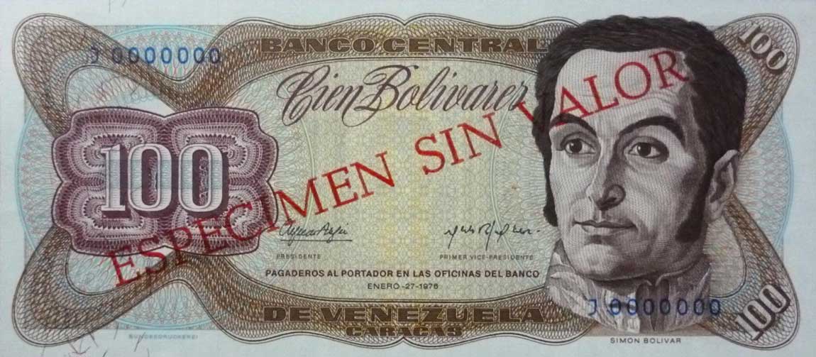 Front of Venezuela p55s2: 100 Bolivares from 1976