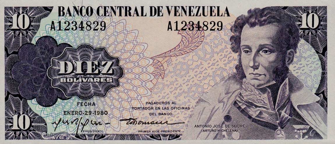 Front of Venezuela p57a: 10 Bolivares from 1980