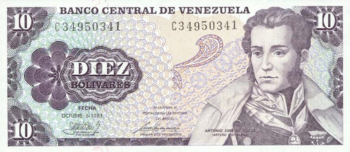 Front of Venezuela p60a: 10 Bolivares from 1981