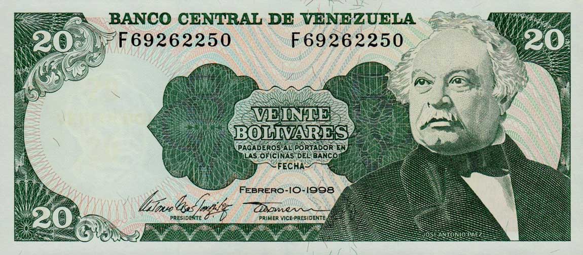 Front of Venezuela p63f: 20 Bolivares from 1998