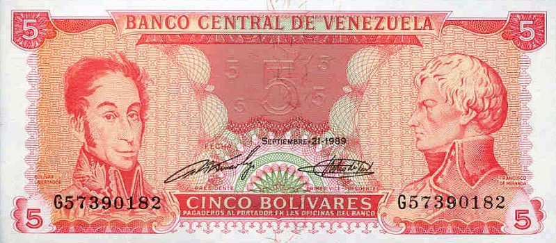 Front of Venezuela p70b: 5 Bolivares from 1989