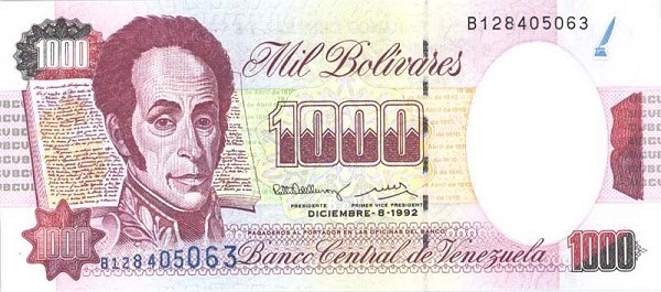 Front of Venezuela p73c: 1000 Bolivares from 1992