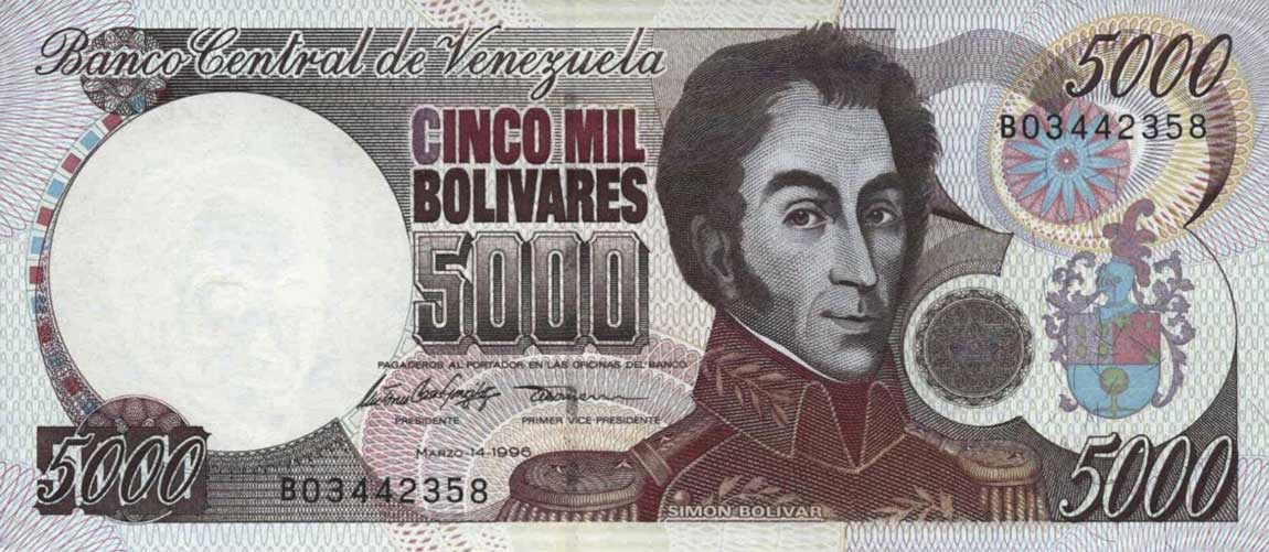 Front of Venezuela p75b: 5000 Bolivares from 1996