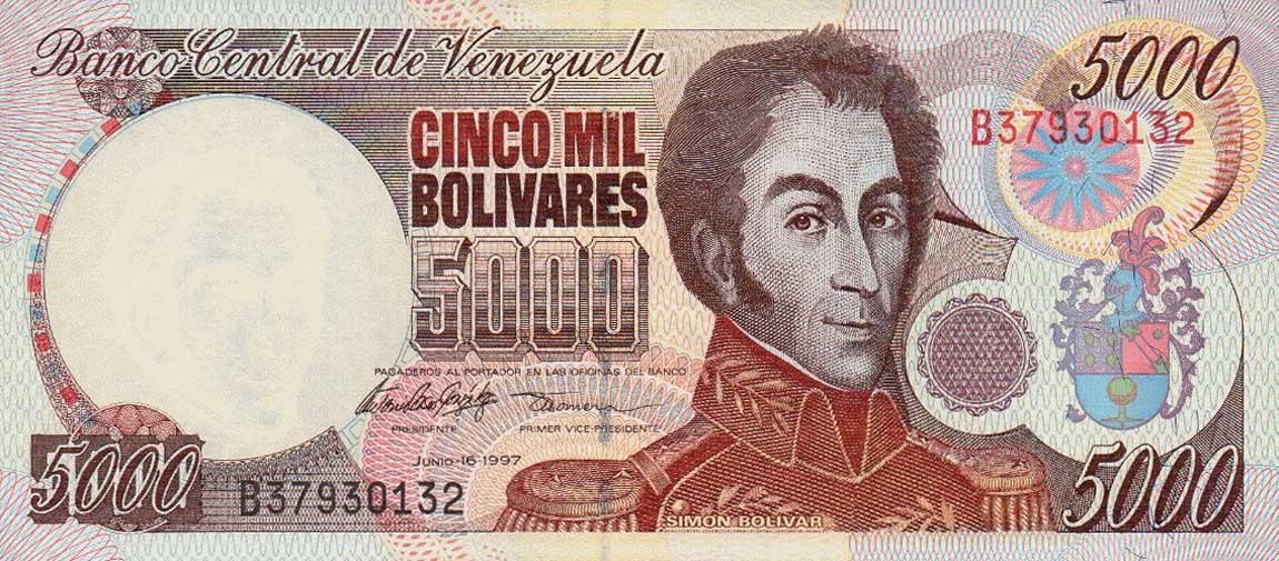 Front of Venezuela p78a: 5000 Bolivares from 1997