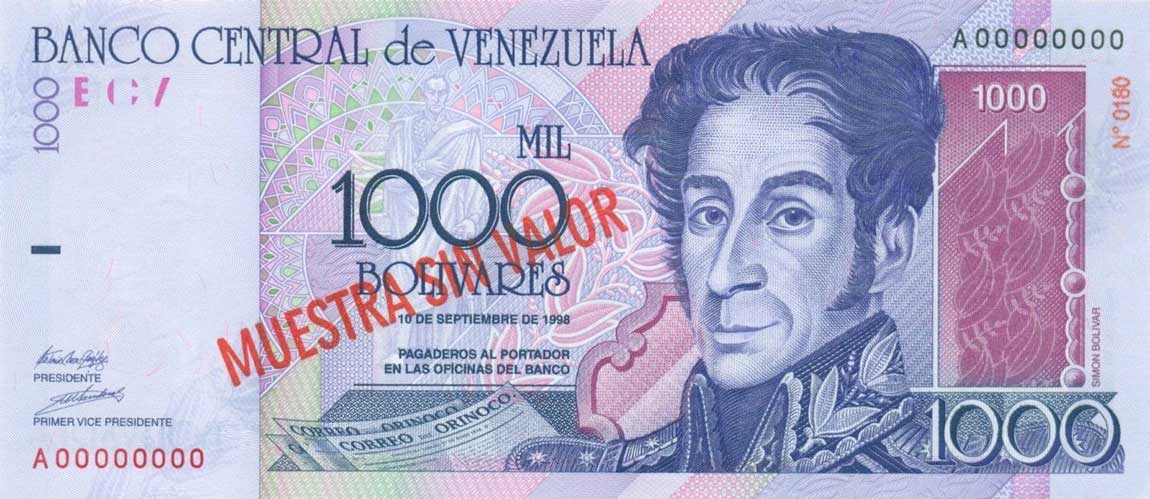 Front of Venezuela p79s: 1000 Bolivares from 1998