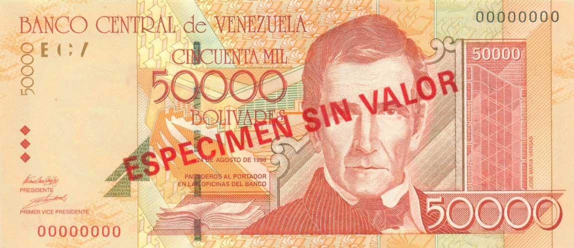 Front of Venezuela p83s: 50000 Bolivares from 1998