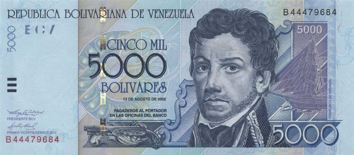 Front of Venezuela p84b: 5000 Bolivares from 2002