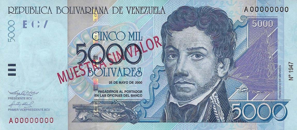 Front of Venezuela p84s: 5000 Bolivares from 2000