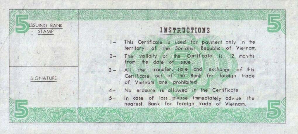 Back of Vietnam pFX9b: 5 Dollars from 1981