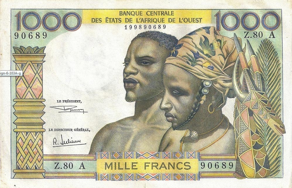 Front of West African States p103Ag: 1000 Francs from 1959