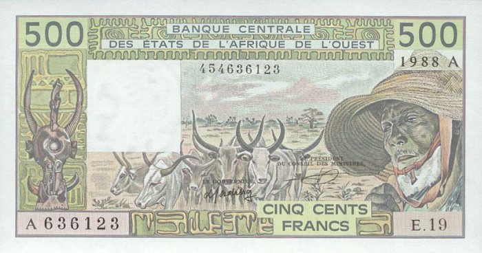 Front of West African States p106Aa: 500 Francs from 1988