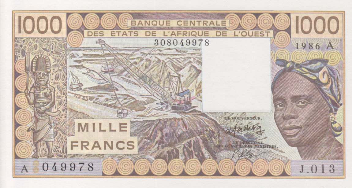 Front of West African States p107Ag: 1000 Francs from 1986