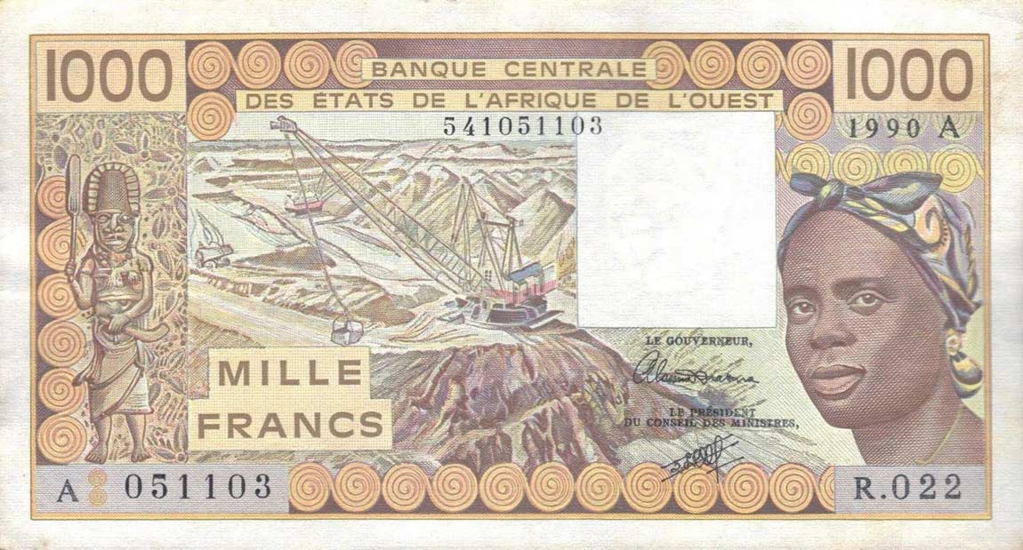 Front of West African States p107Aj: 1000 Francs from 1990