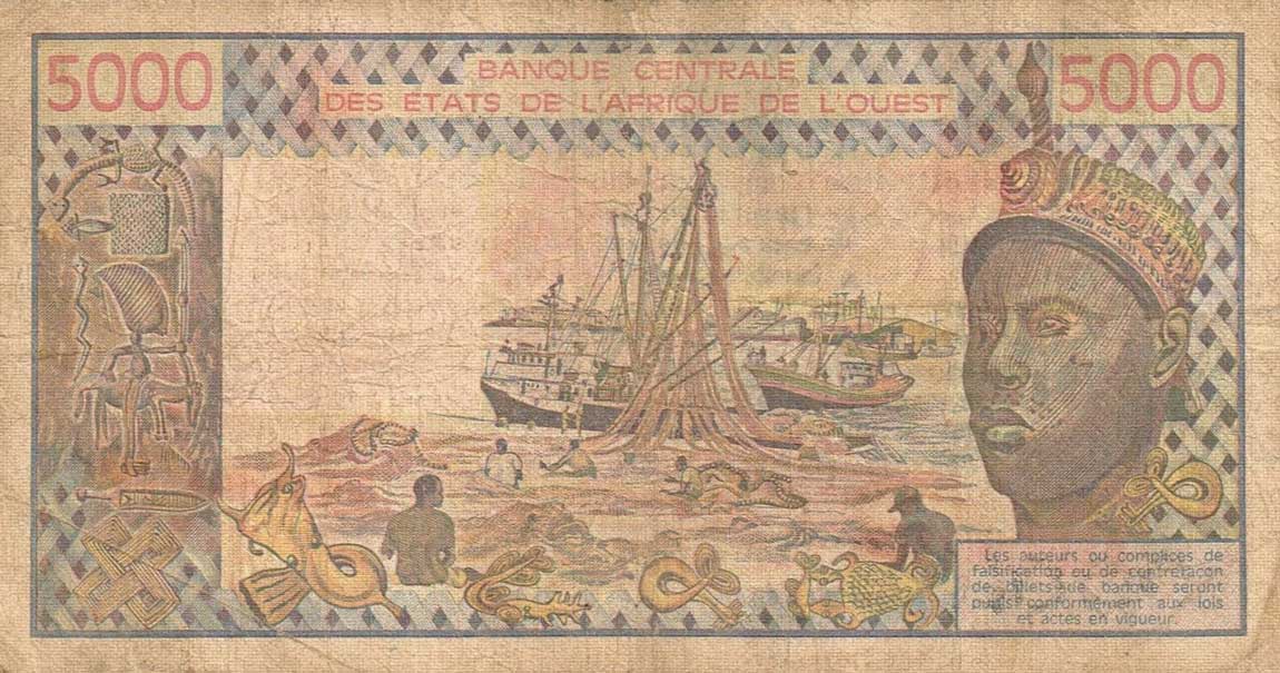 Back of West African States p108Af: 5000 Francs from 1988