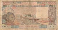 p108Af from West African States: 5000 Francs from 1988