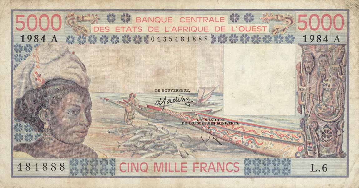 Front of West African States p108Am: 5000 Francs from 1984