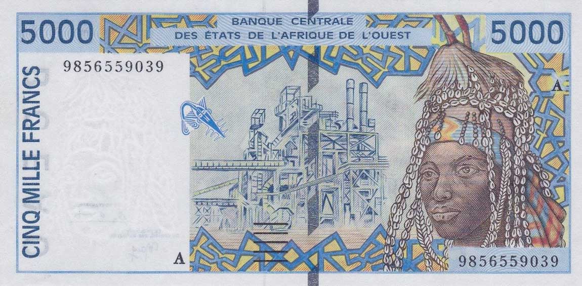 Front of West African States p113Ag: 5000 Francs from 1998