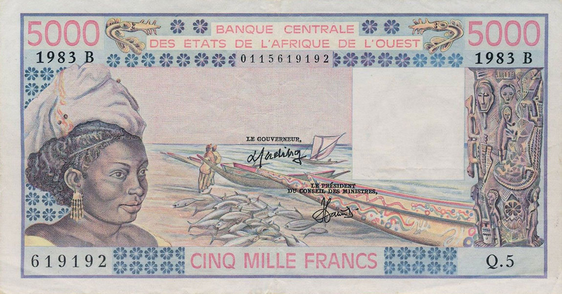 Front of West African States p208Bg: 5000 Francs from 1983
