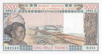 p308Cq from West African States: 5000 Francs from 1992