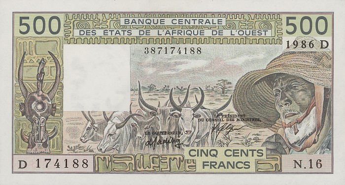 Front of West African States p405Df: 500 Francs from 1986
