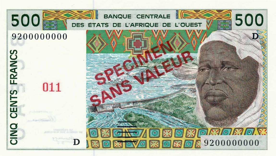 Front of West African States p410Ds: 500 Francs from 1991
