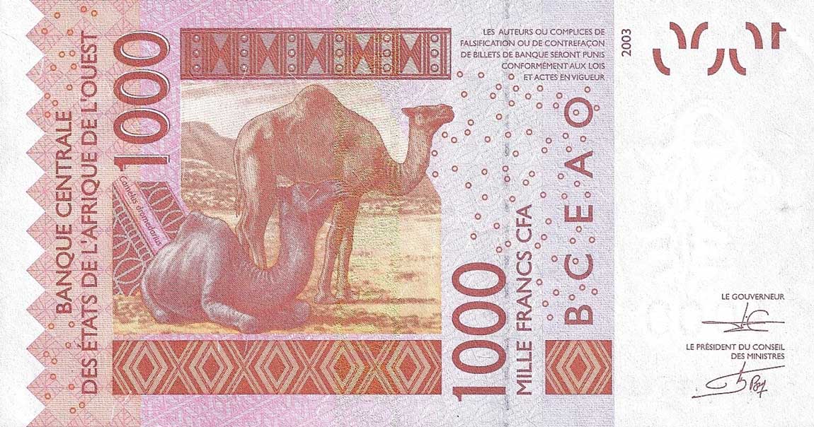 Back of West African States p615Hl: 1000 Francs from 2012