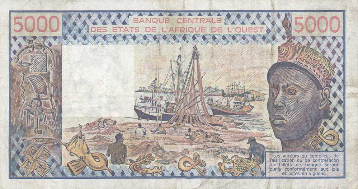Back of West African States p708Kk: 5000 Francs from 1986