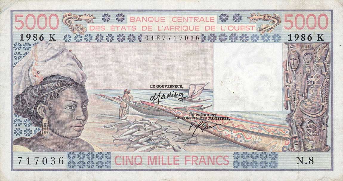 Front of West African States p708Kk: 5000 Francs from 1986