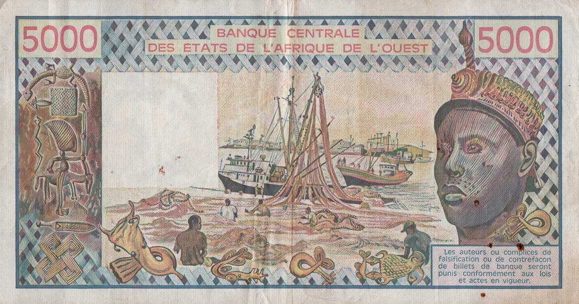 Back of West African States p708Kn: 5000 Francs from 1991