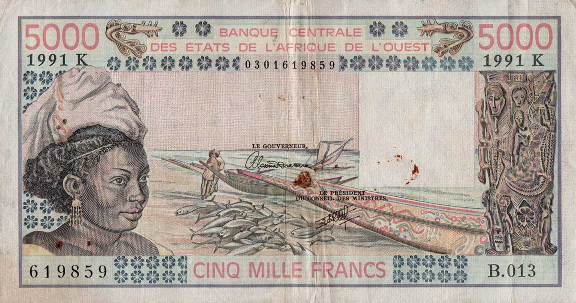 Front of West African States p708Kn: 5000 Francs from 1991