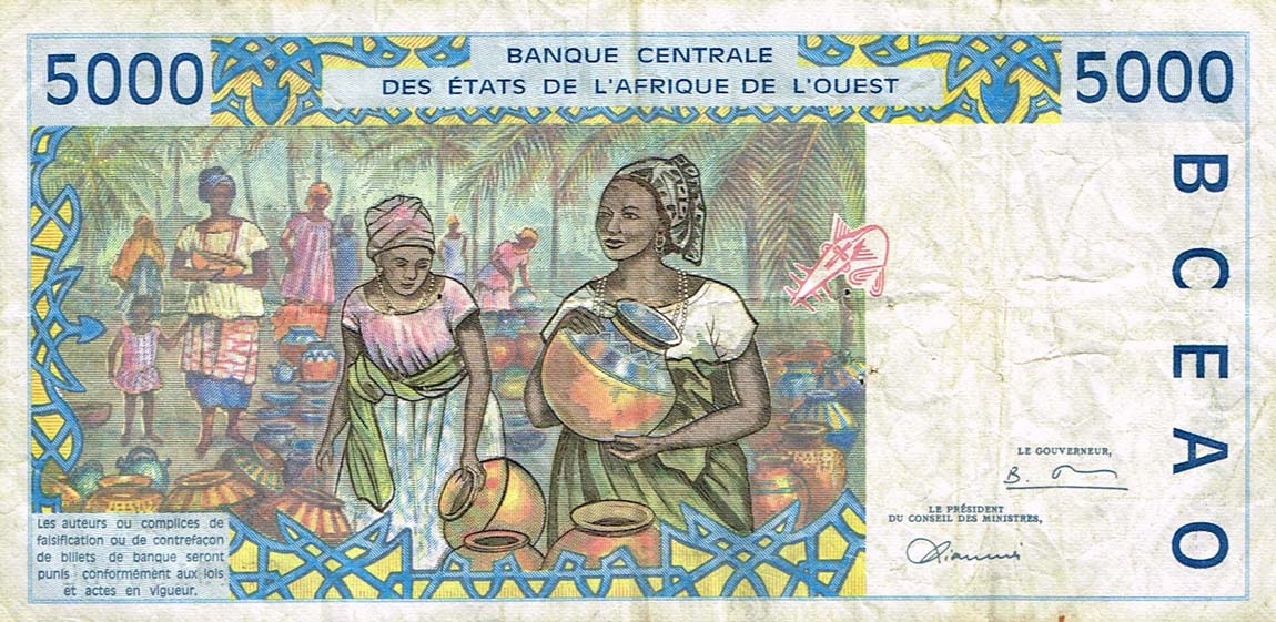 Back of West African States p713Kf: 5000 Francs from 1997