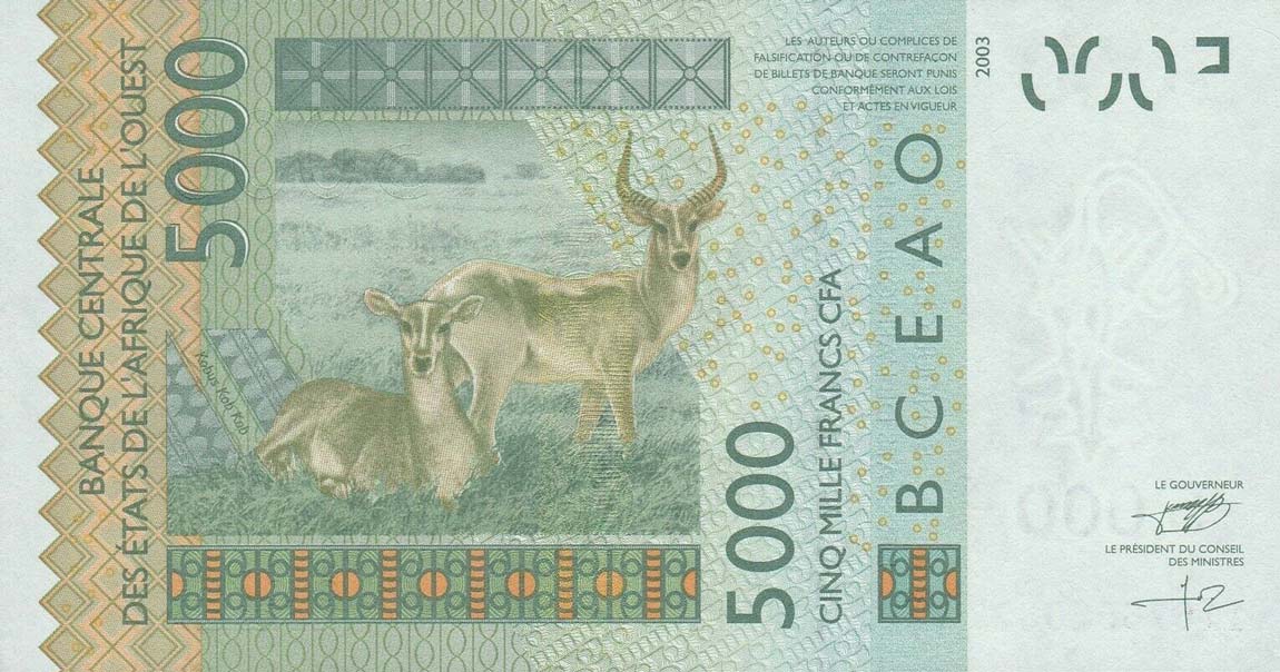 Back of West African States p717Kl: 5000 Francs from 2012