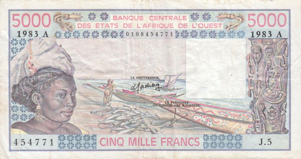 Front of West African States p108Aj: 5000 Francs from 1983