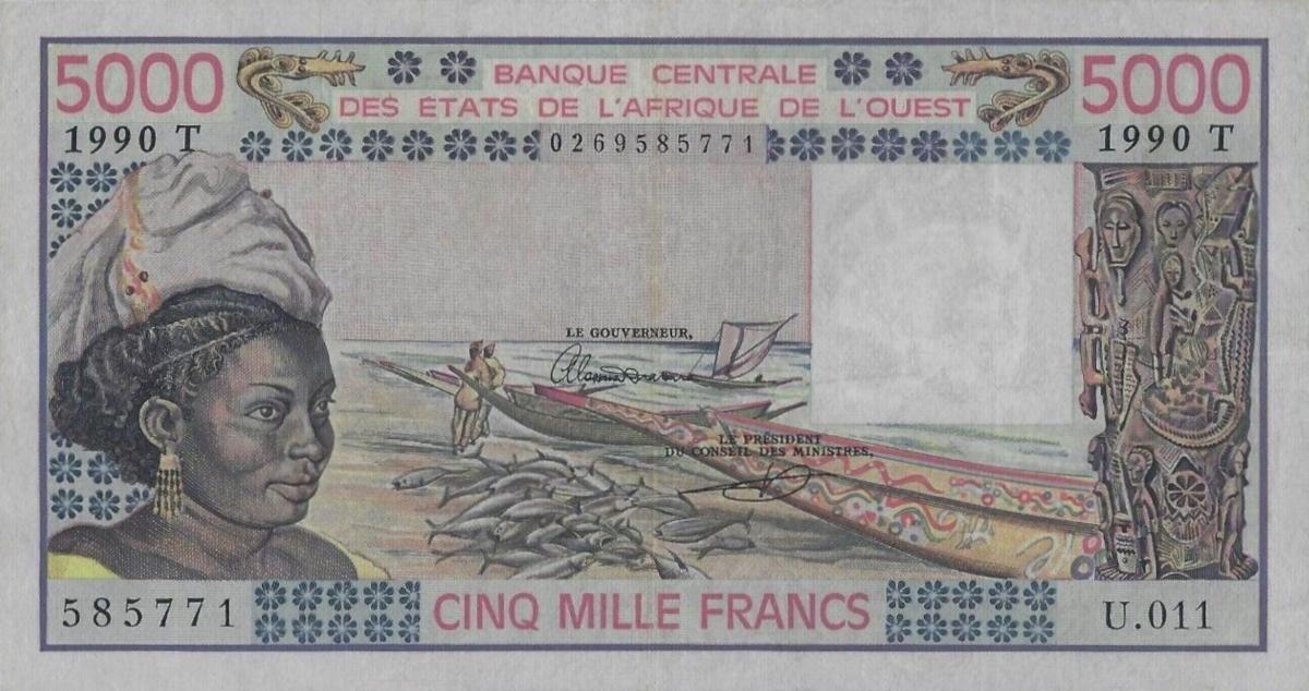 Front of West African States p808Tj: 5000 Francs from 1990