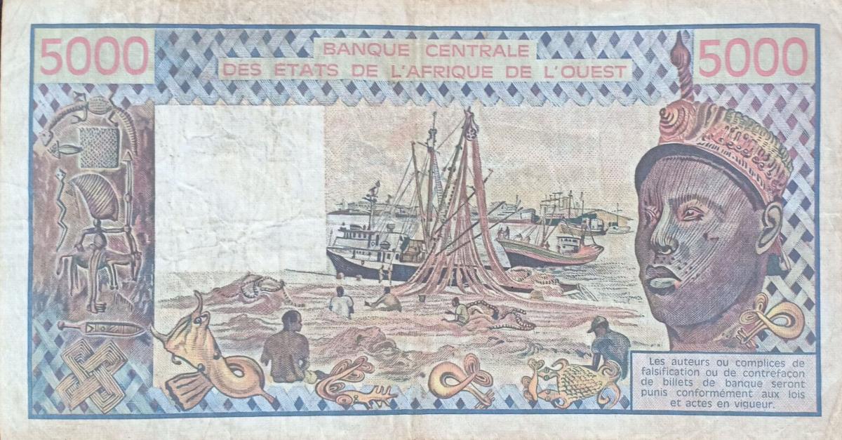 Back of West African States p808Tl: 5000 Francs from 1992