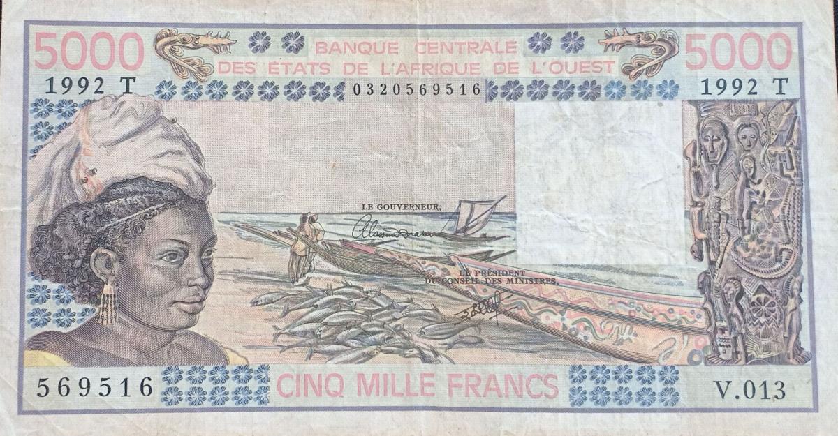 Front of West African States p808Tl: 5000 Francs from 1992