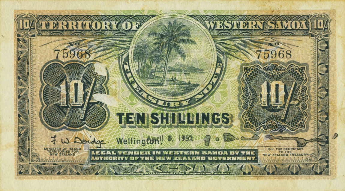 Front of Western Samoa p7c: 10 Shillings from 1951