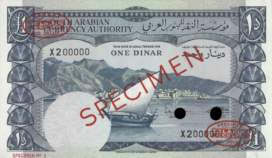 Front of Yemen Democratic Republic p3s: 1 Dinar from 1965