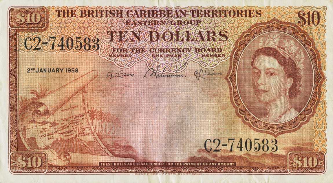 Front of British Caribbean Territories p10b: 10 Dollars from 1955