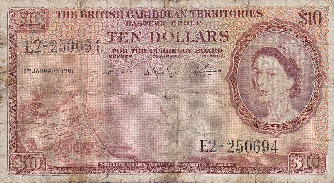 Front of British Caribbean Territories p10c: 10 Dollars from 1961