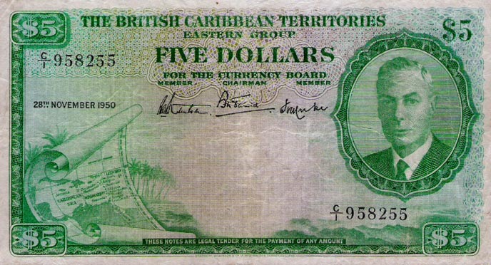 Front of British Caribbean Territories p3a: 5 Dollars from 1950