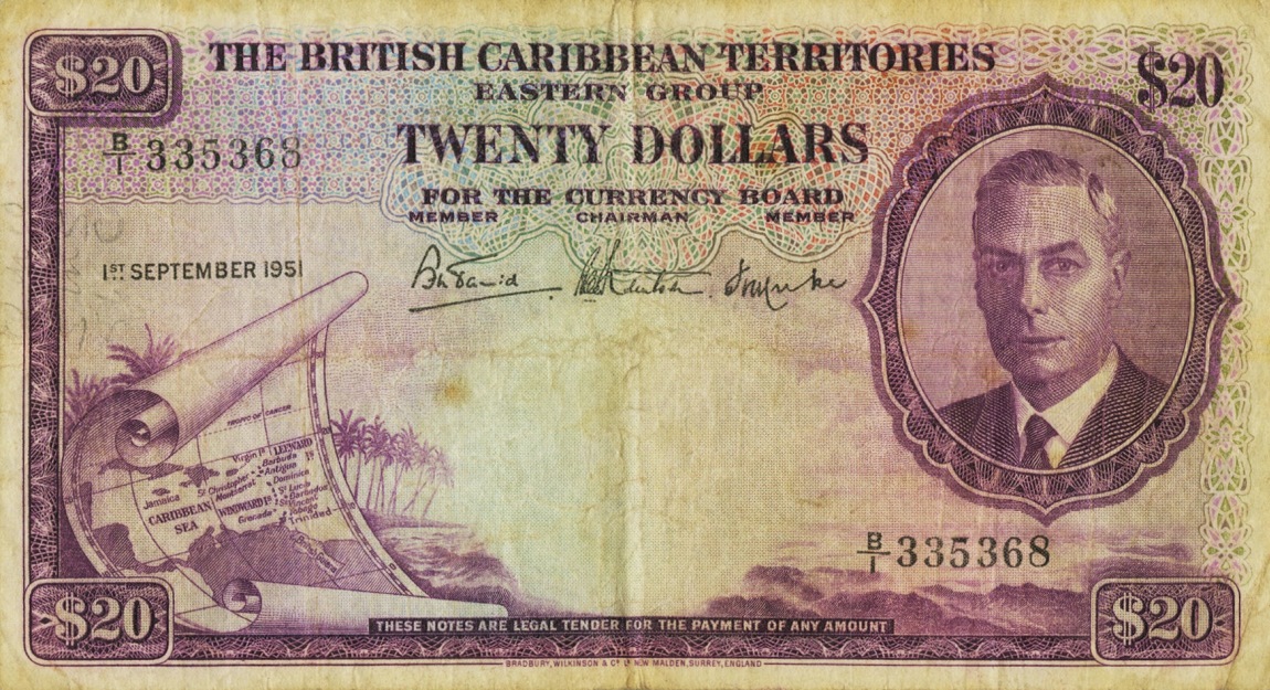 Front of British Caribbean Territories p5a: 20 Dollars from 1950