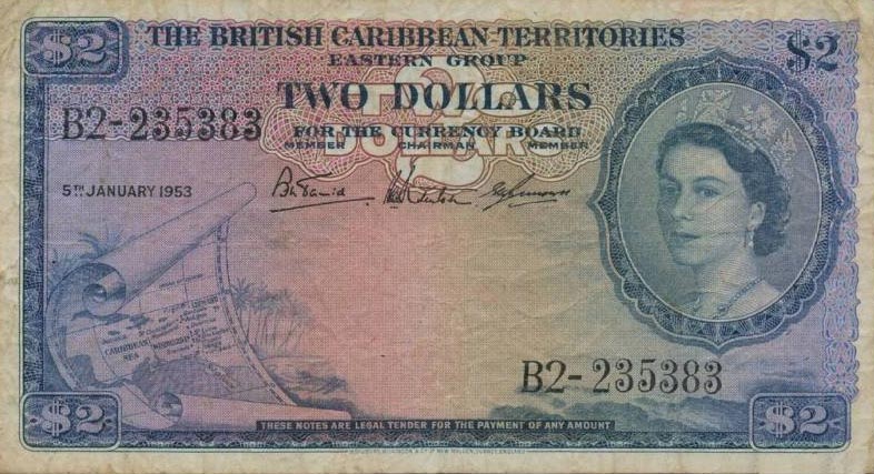 Front of British Caribbean Territories p8a: 2 Dollars from 1953