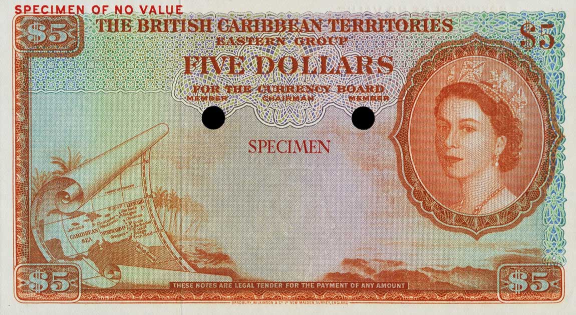 Front of British Caribbean Territories p9ct: 5 Dollars from 1955